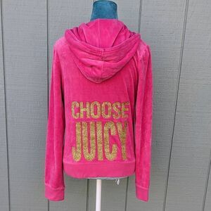 Juicy Couture Y2K "Choose Juicy" Pink Velour Glitter Tracksuit Hoodie. Medium